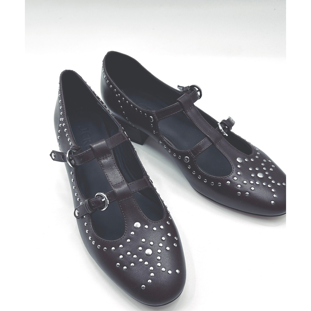 J.Crew Studded Teagan T-strap Wing Tip heels Size 7 Patent Leather Milan Brown